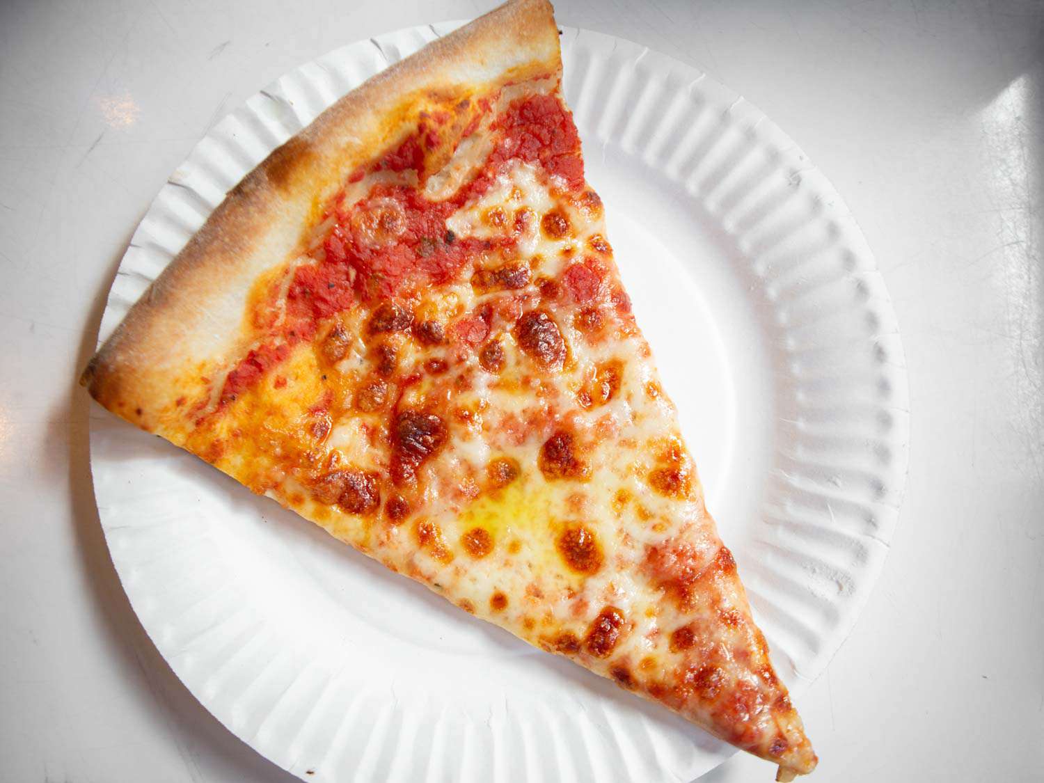 a cheese slice on a white paper plate at Scarr's