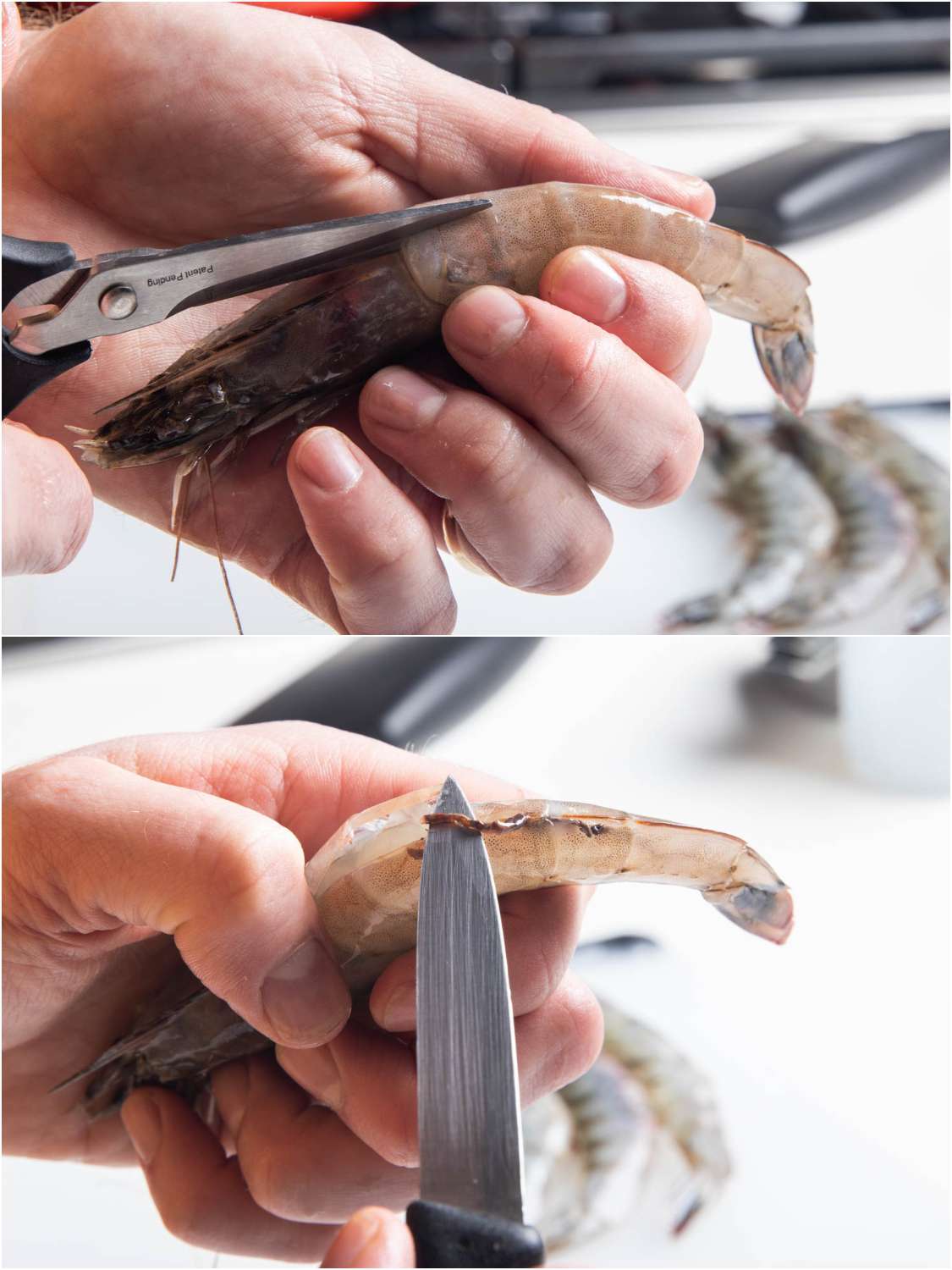 Cutting through shrimp shell and deveining shrimp without removing the shell