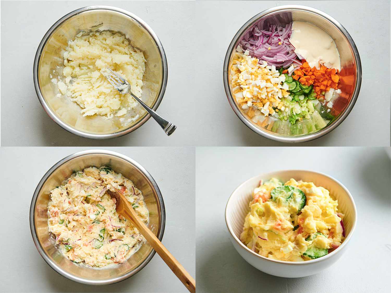 A four-image collage. The top left image shows the cooked, coarsely mashed potatoes in a large stainless steel bowl. The top right image shows the potatoes now covered with chopped carrots, red onion, cucumber, hard boiled eggs, green onions, and dressing. The bottom left image shows all of the ingredients now fully combined in the large bowl. The bottom right image shows the potato salad plated in a serving bowl.