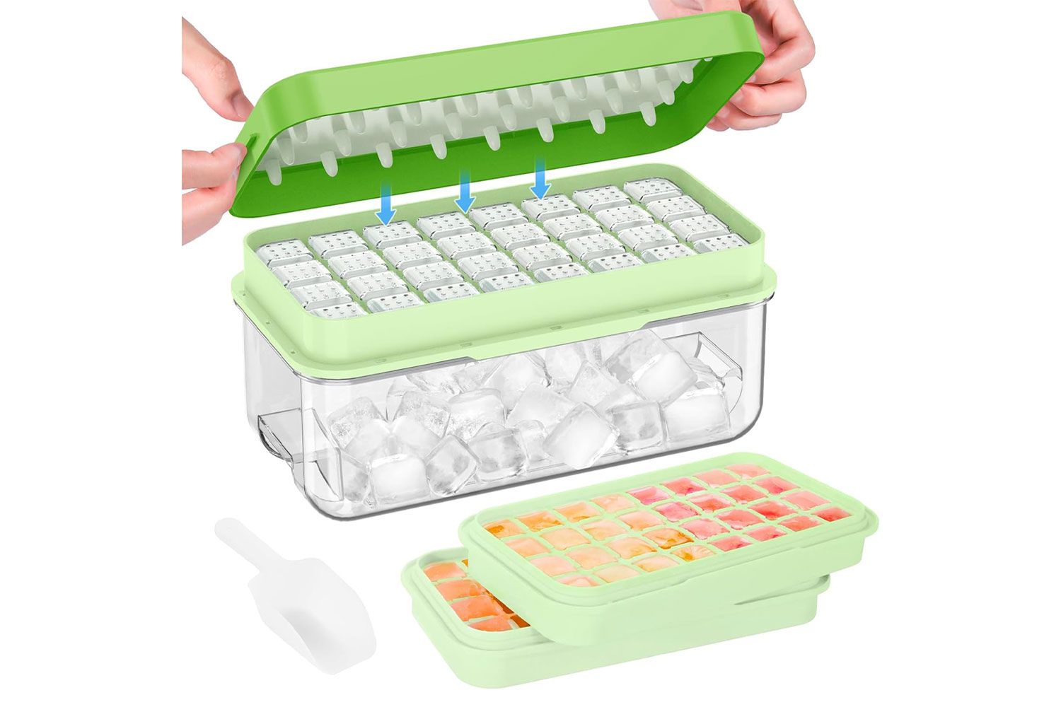 PHINOX Ice Cube Tray With Lid and Bin, Ice Trays for Freezer, Flexible Ice Cube Trays, Making 64 pcs Ice Cubes, Chilling Cocktail, Whiskey, Coffee