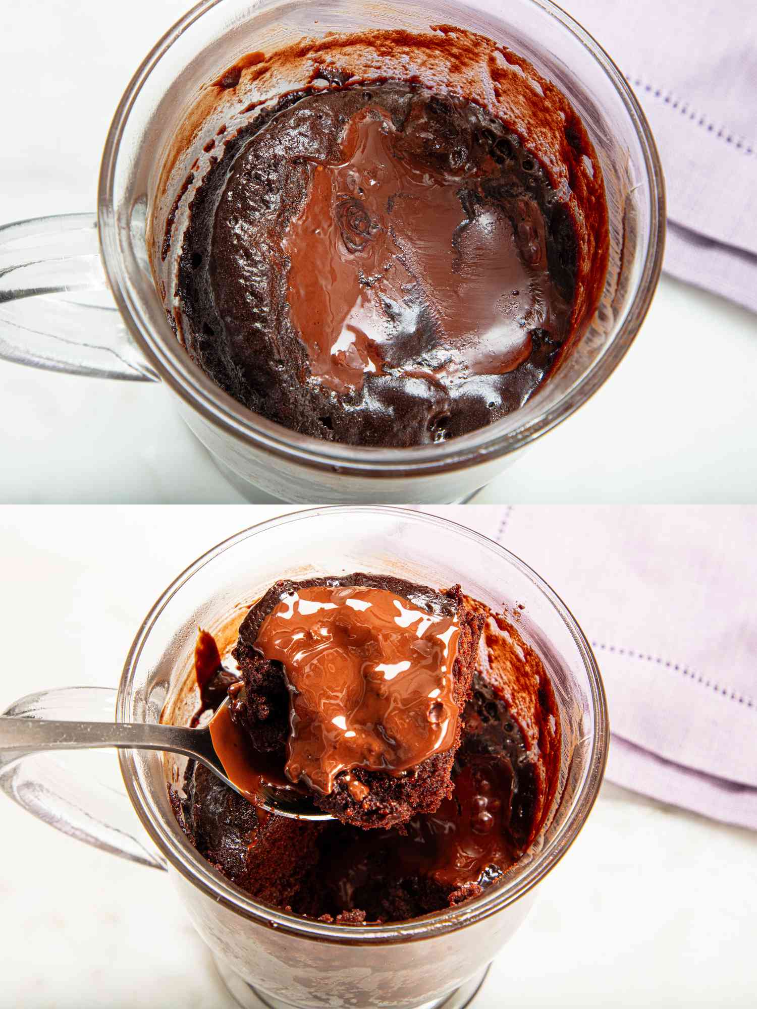 Two image collage of baked chocolate cake in mug