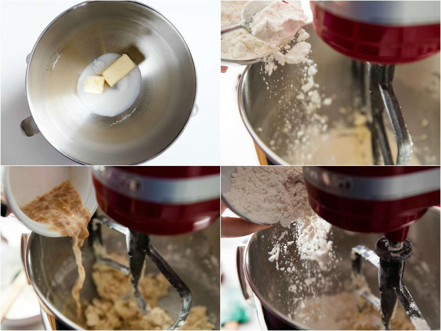 Collage showing shortbread biscuit dough being made in a stand mixer.