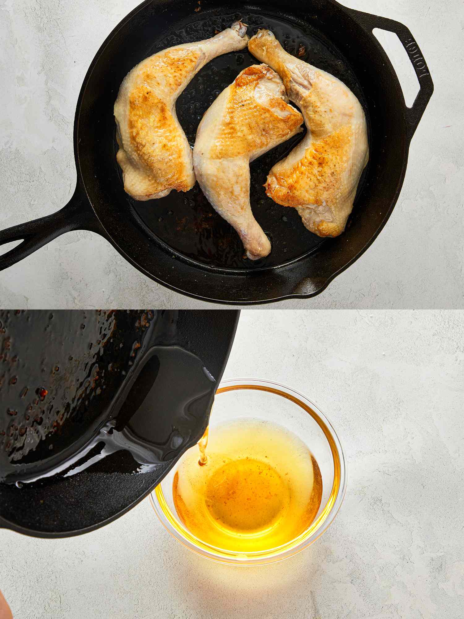 Chicken legs frying in a skillet and rendered fat being poured into a glass container