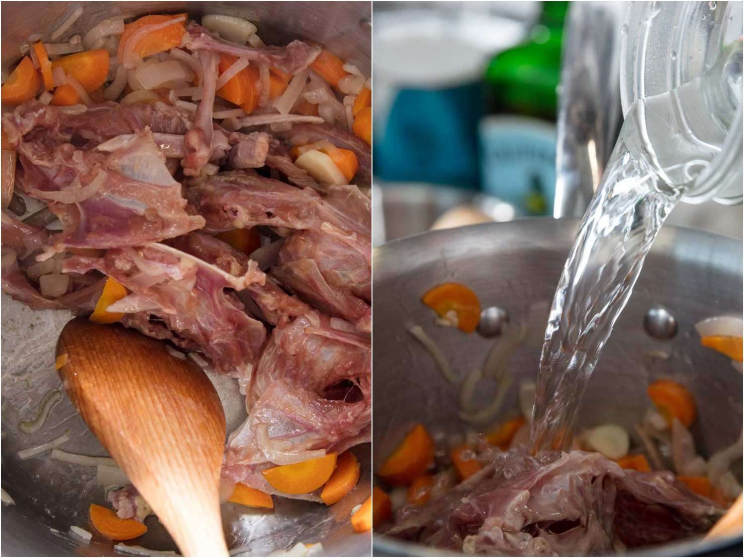 Two-image collage of making quail stock