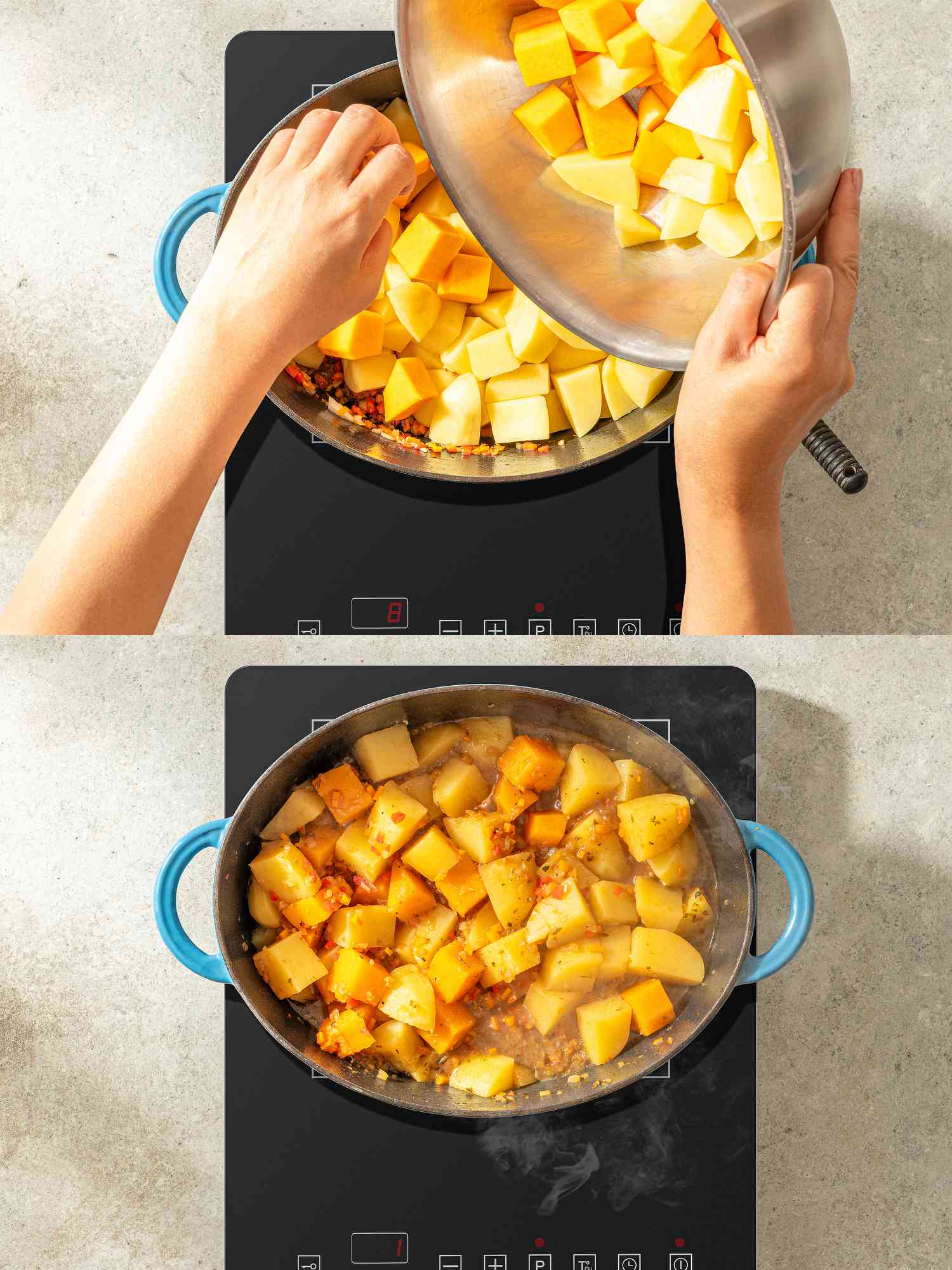 OVerhead view of adding potatoes and potatoes cooking
