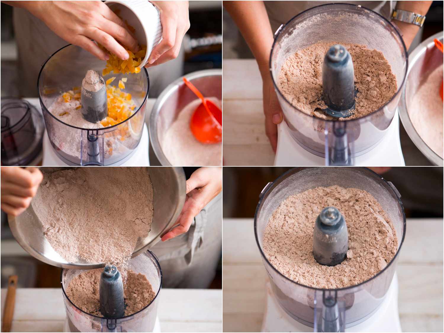 A collage showing the dried orange peel and ginger being pulsed with the dry ingredients of the recipe.