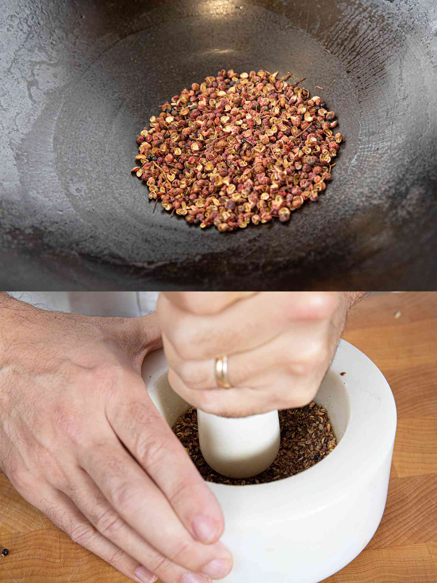 Two image collage of toasted peppercorns and grinding them in mortar