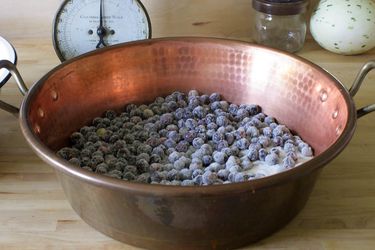 A copper pot filled with blueberries and uncooked sugar.