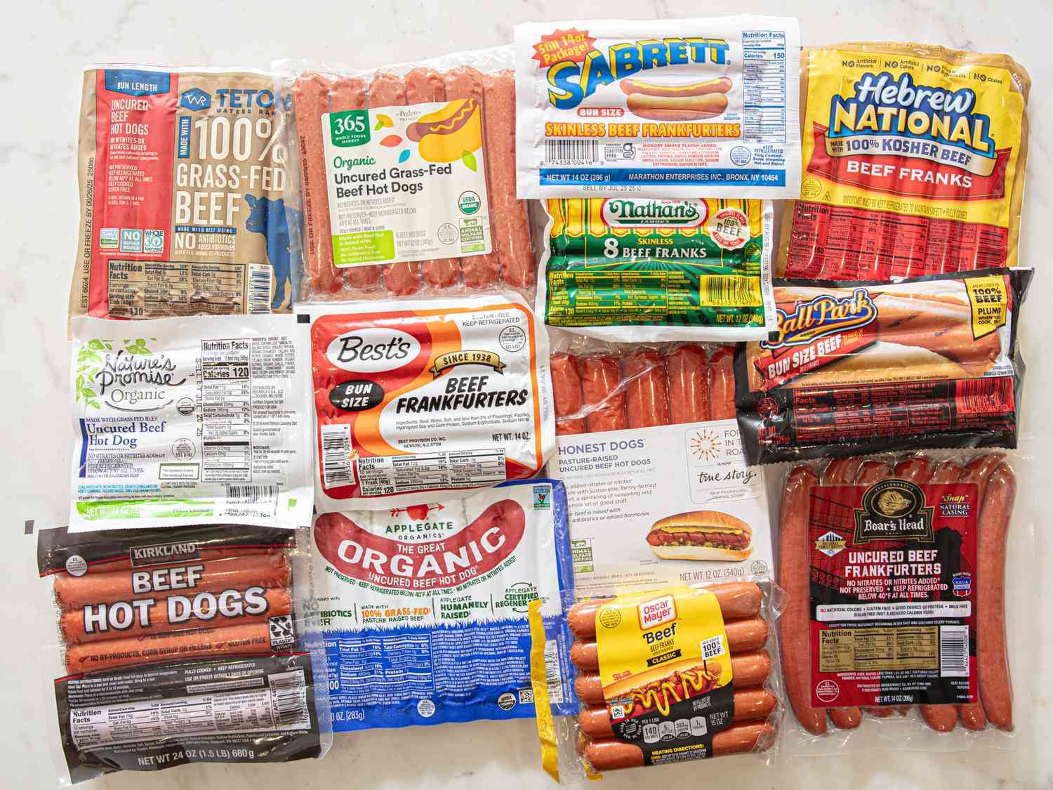 A selection of various packaged hot dog brands displayed side by side on a surface