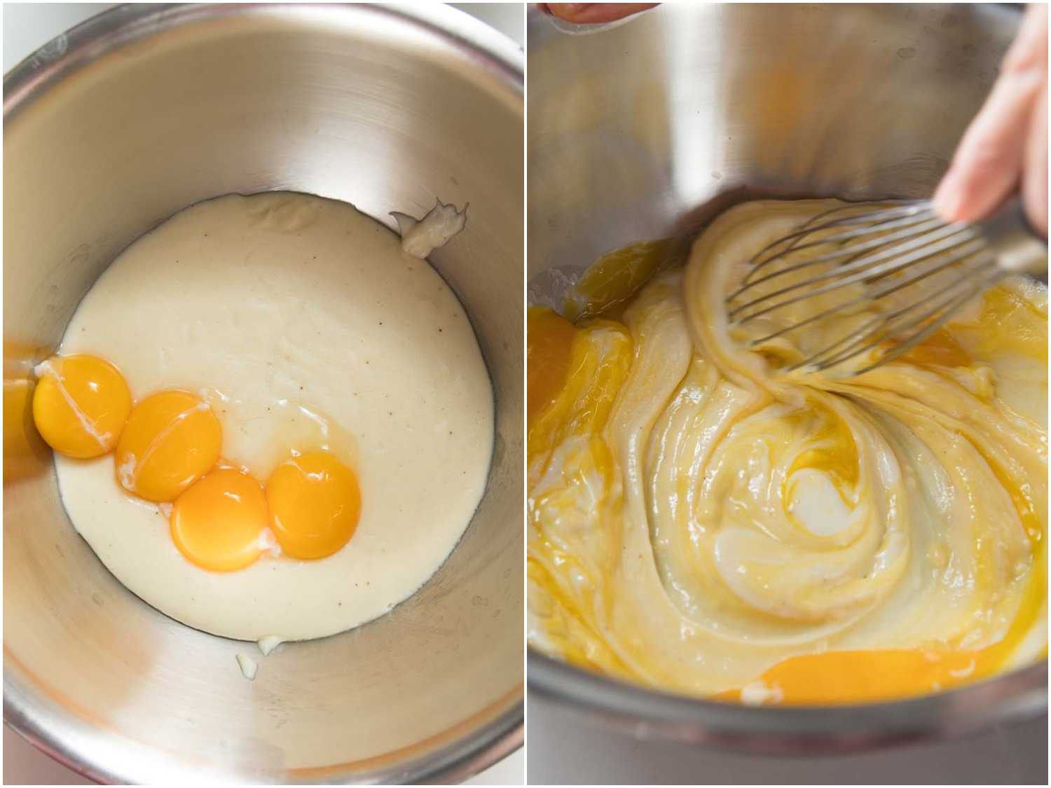 A 2-image collage showing mixing yolks into béchamel base for soufflé.