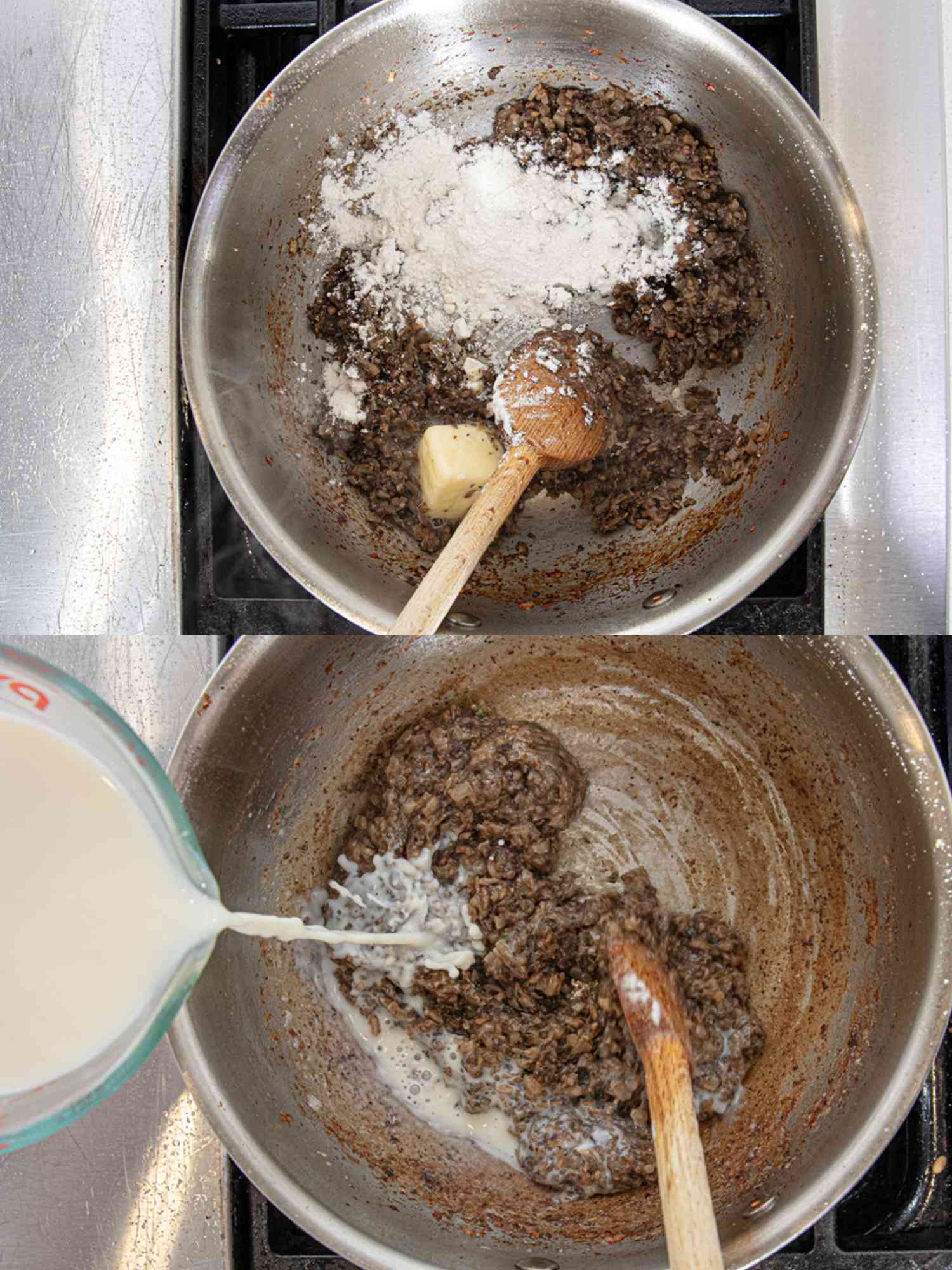 Two image collage of making mushroom mixture