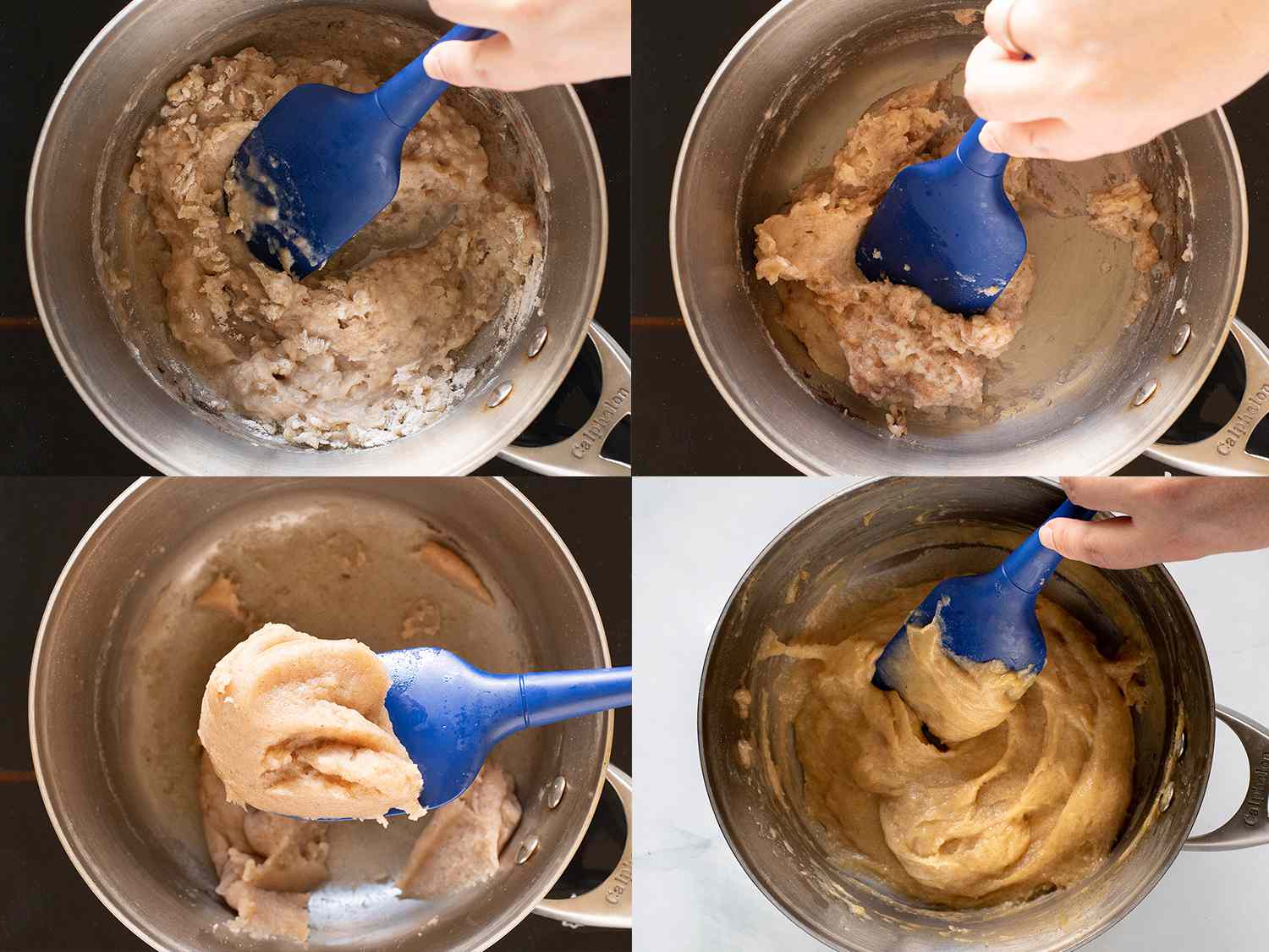 A collage showing the churro batter being formed in a saucepan. 