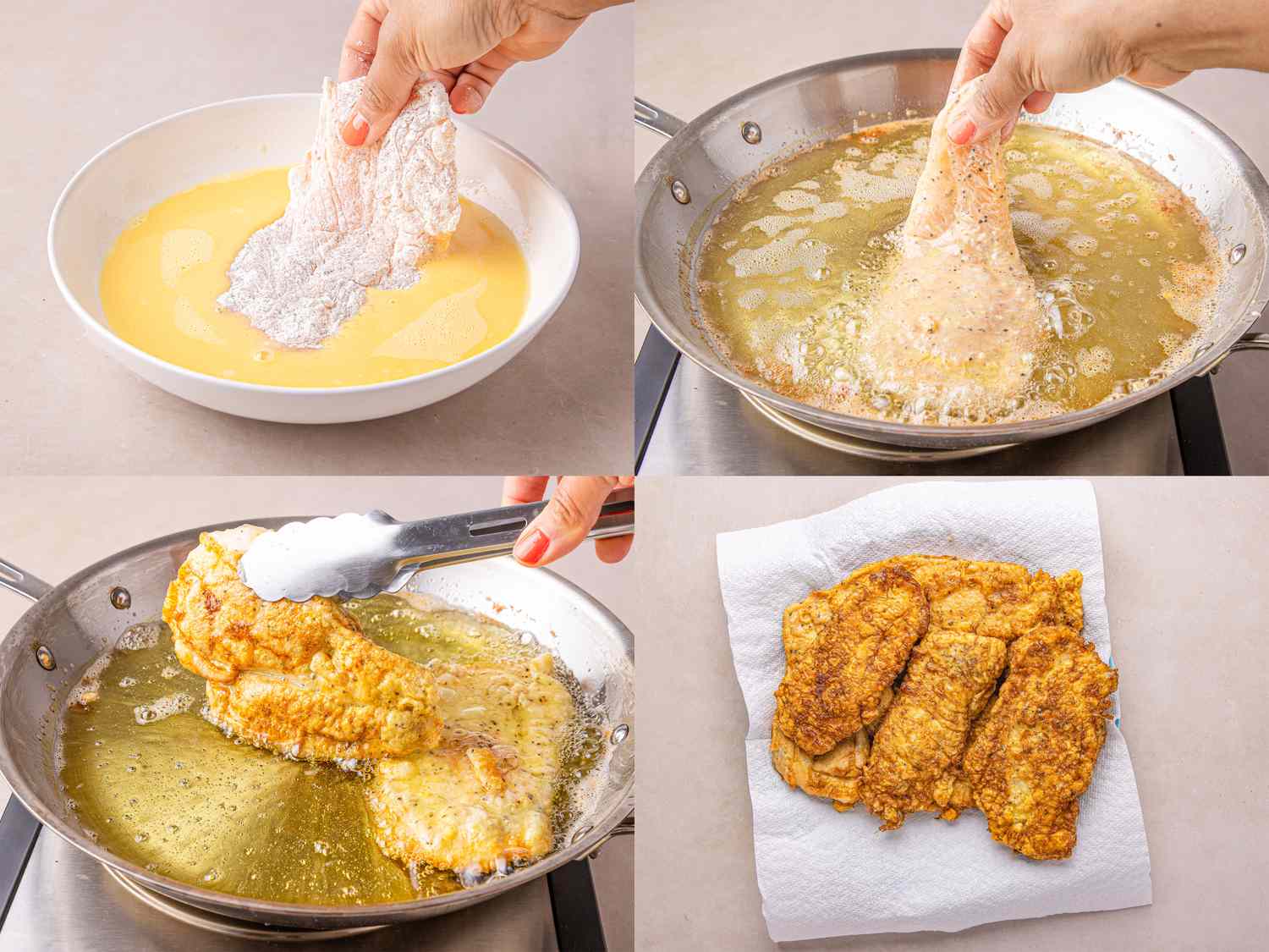 Fourstep process of breading and frying chicken cutlets in a pan