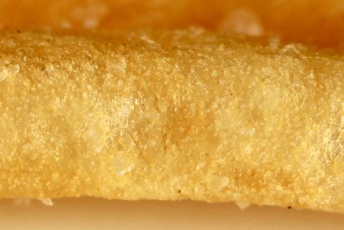 Close up of the surface of a McDonald's french fry, showing many small blisters on the exterior of the fry