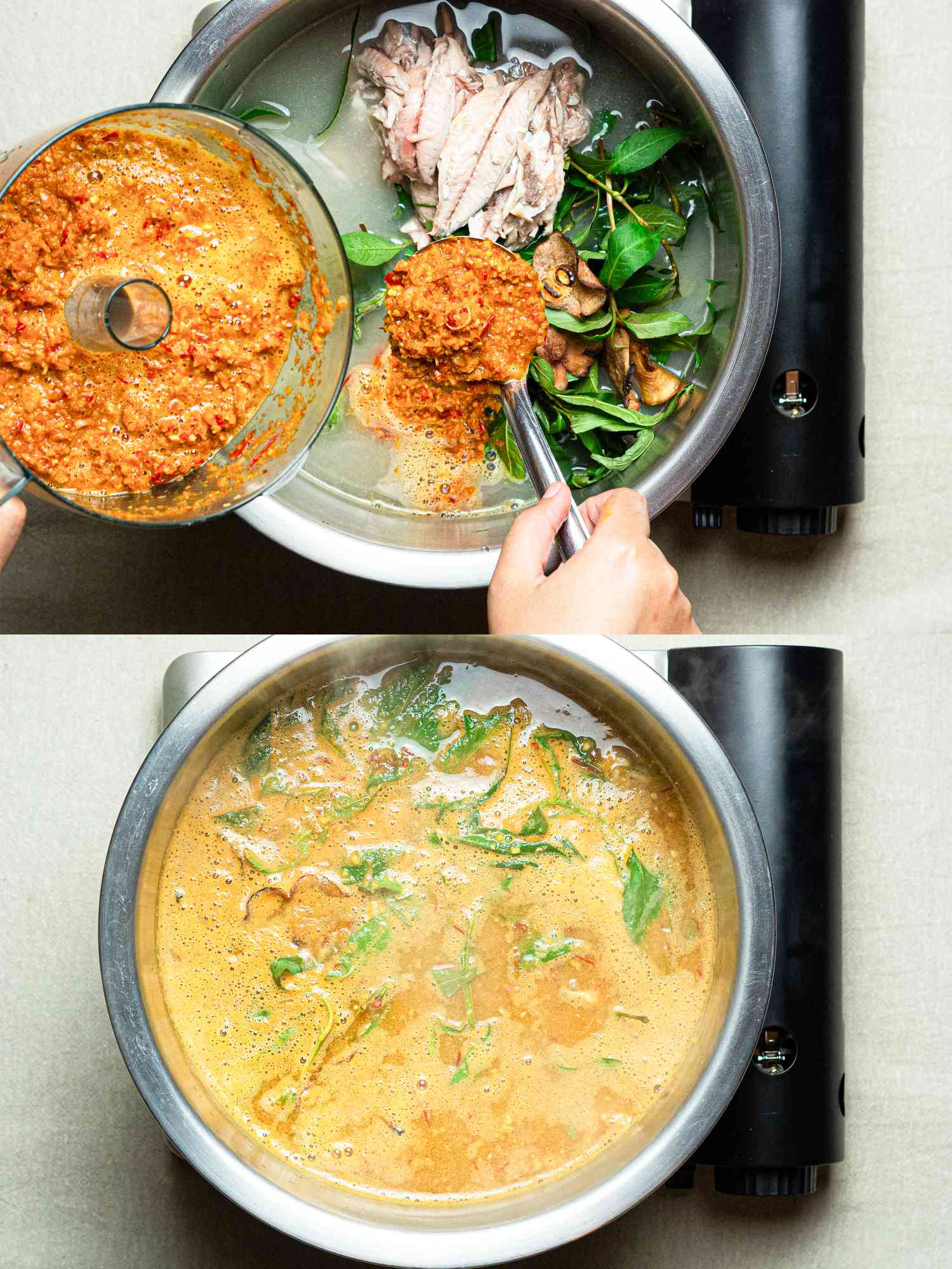 Two image collage of adding chili paste and fish into soup and bringing to a boil