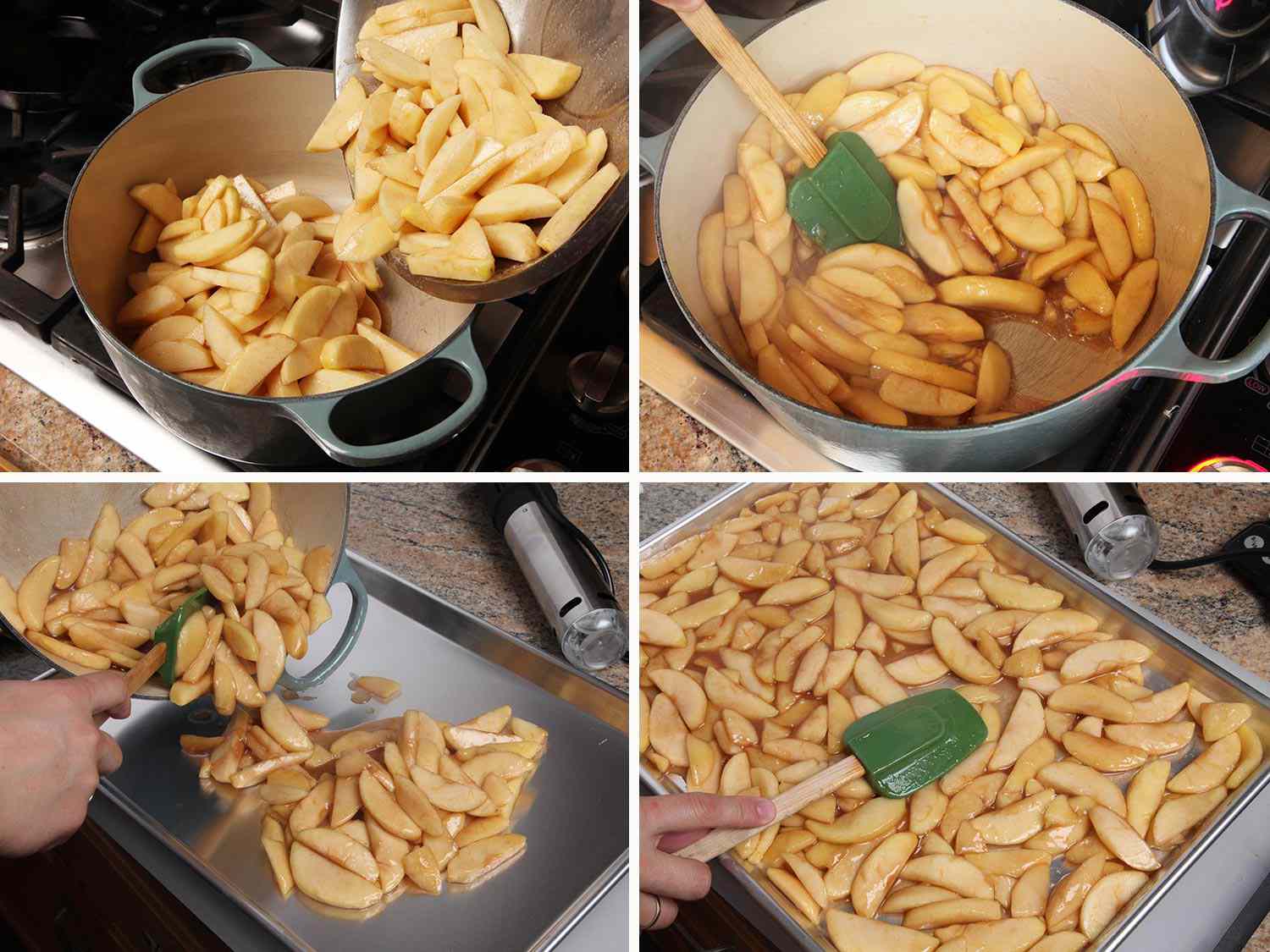 A collage showing sliced, seasoned apples being cooked in a Dutch oven and then spread on a baking sheet.