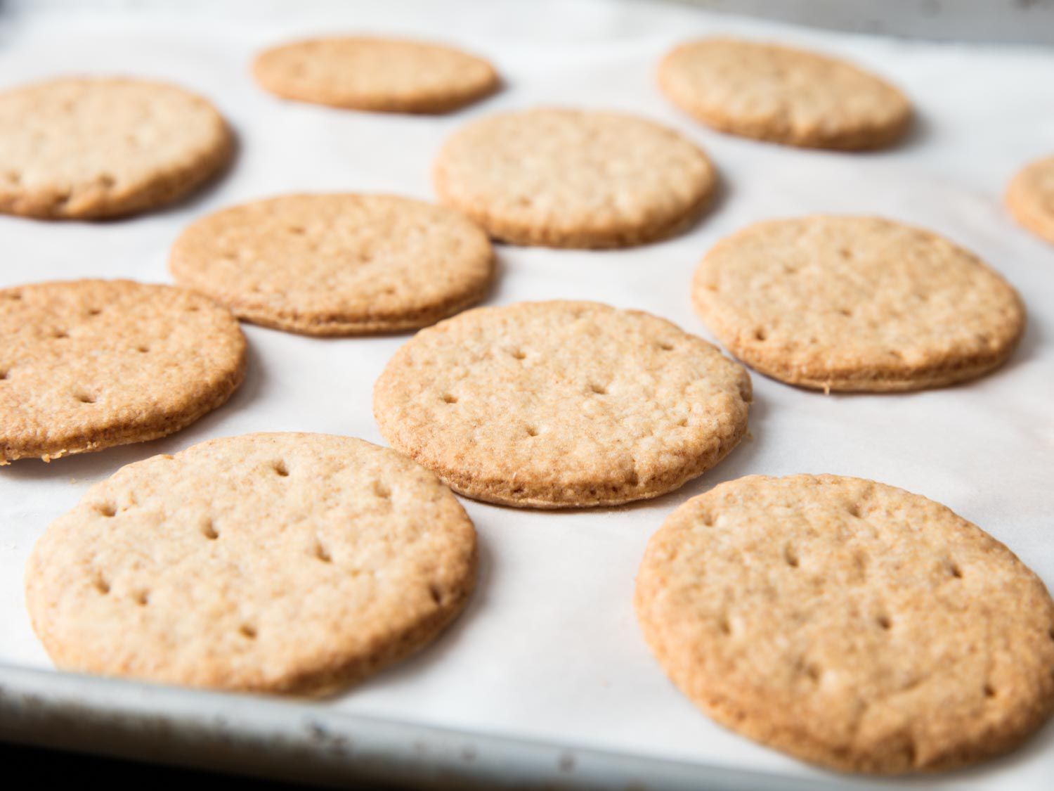 An angled shot showing baked biscuits on a parchment-lined baking sheet.