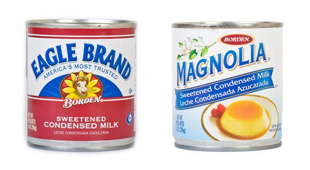 Cans of Eagle Brand and Magnolia sweetened condensed milk
