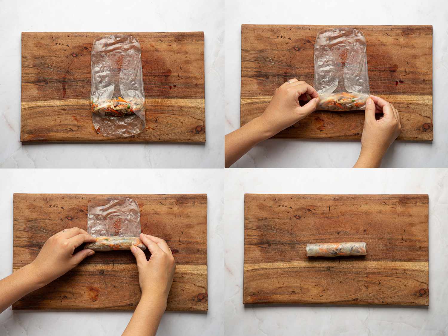 Four image collage of folding wet rice paper around filling and rolling imperial rolls