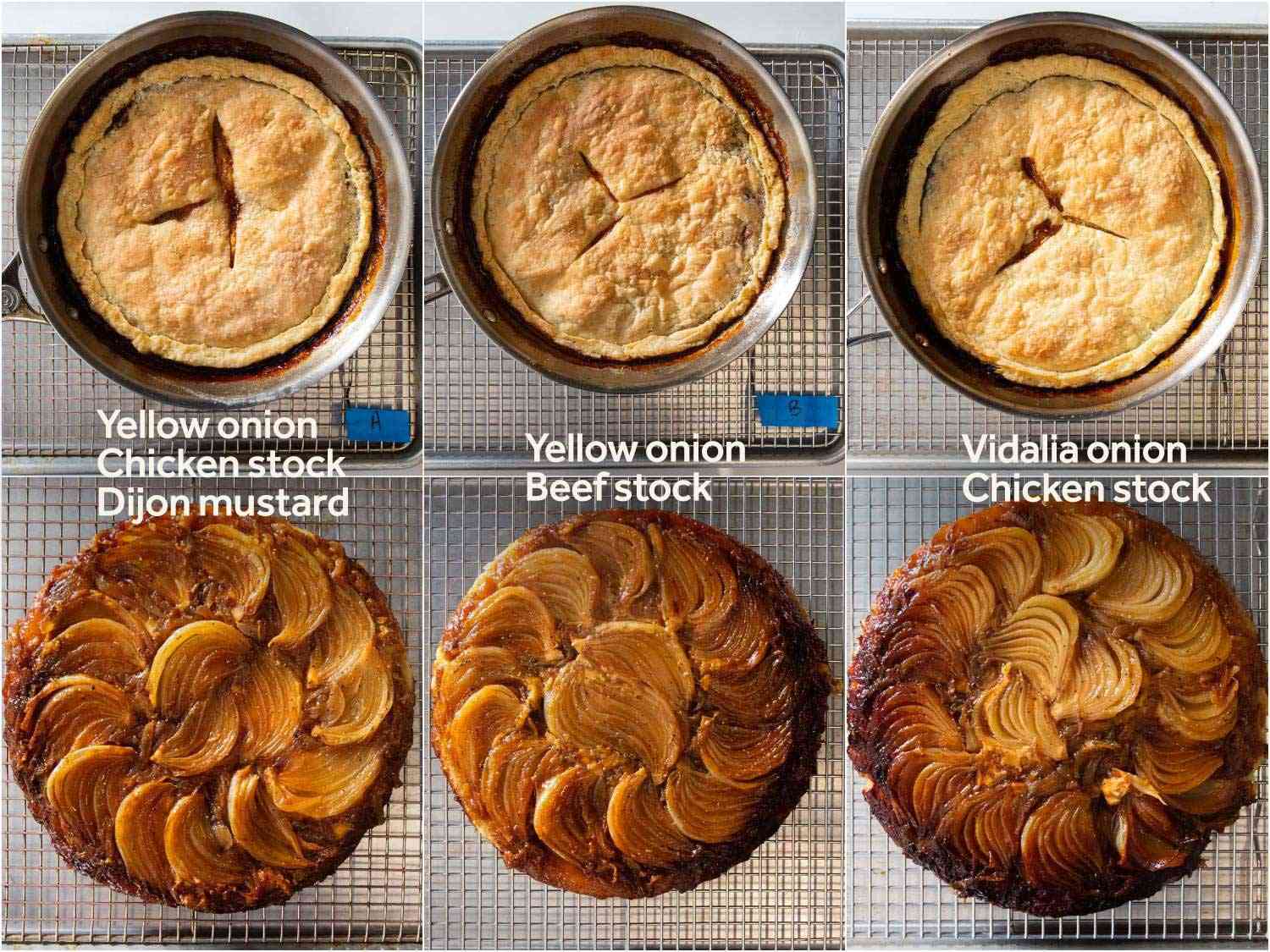 Photo collage of three early test batches of onion tarte tatin. The first is made with yellow onions, chicken stock, and has Dijon mustard spread on the underside of the crust. The second is made with yellow onions and beef stock. The third is made with vidalia onions and chicken stock.