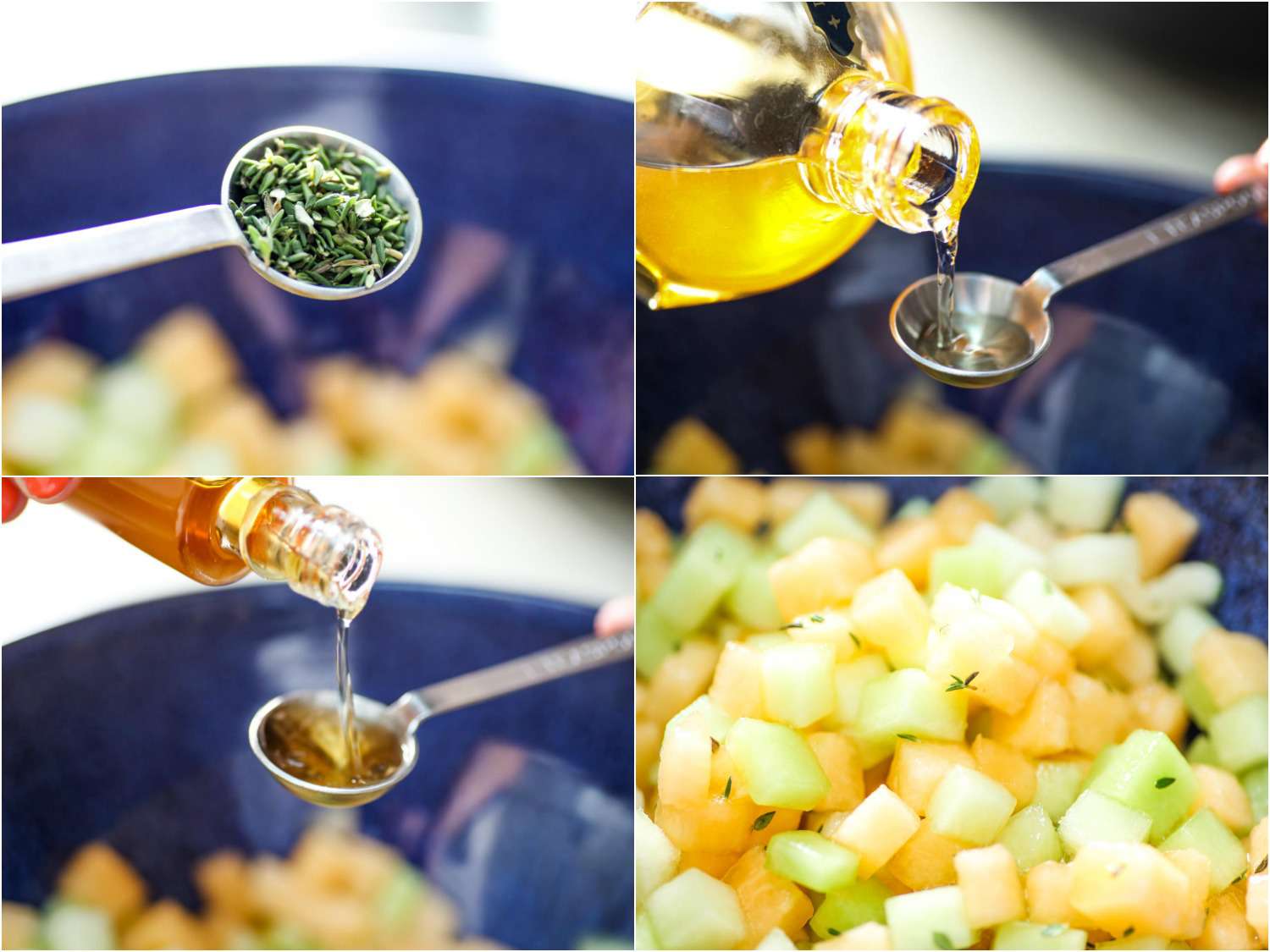 Collage of 4 images showing adding thyme, vinegar, floral liqueur to the diced melon and tossing to combine.