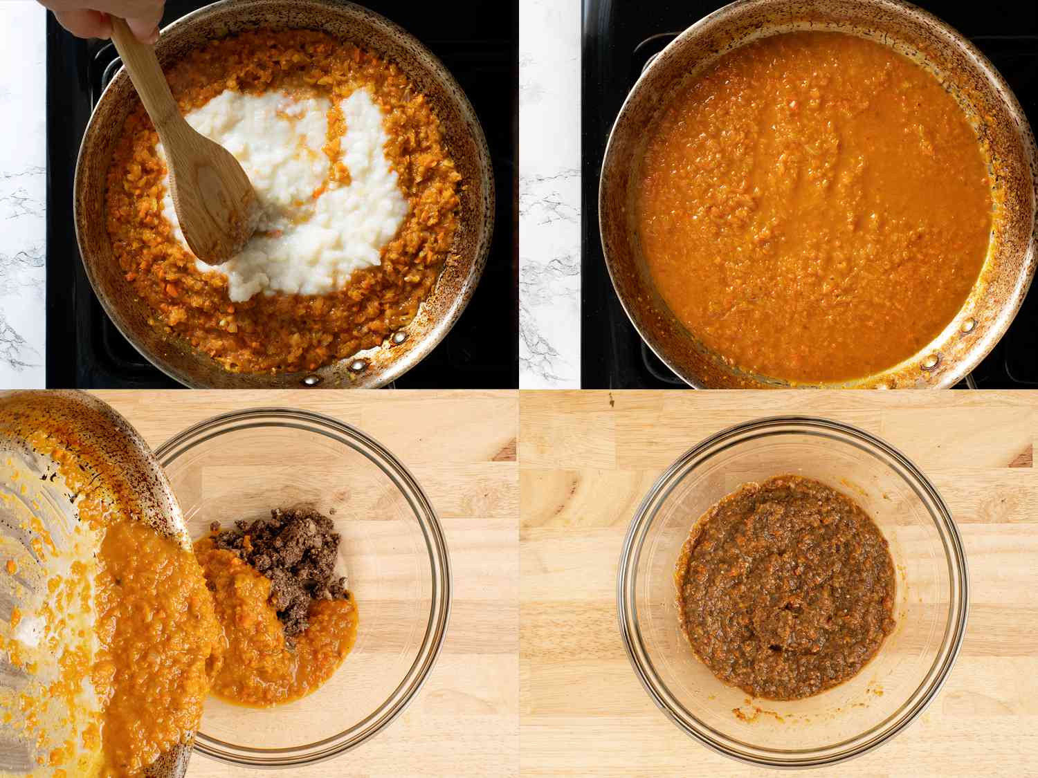 Vegetable mixture in a pan, cooking with the buttermilk mixture.