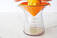 A person juicing a lemon into a countertop citrus juicer.