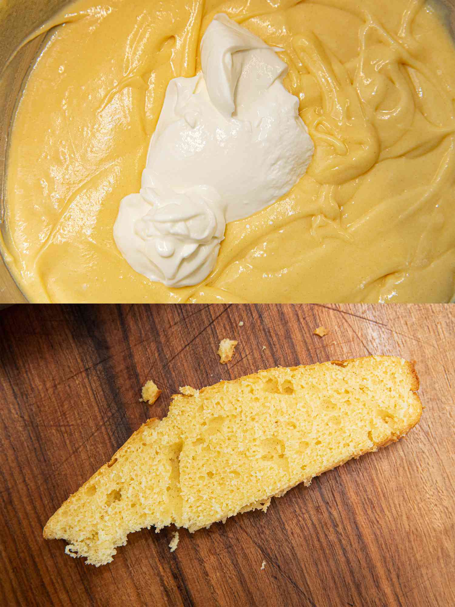 Overhead view of before and after sourcream getting added to cake mix