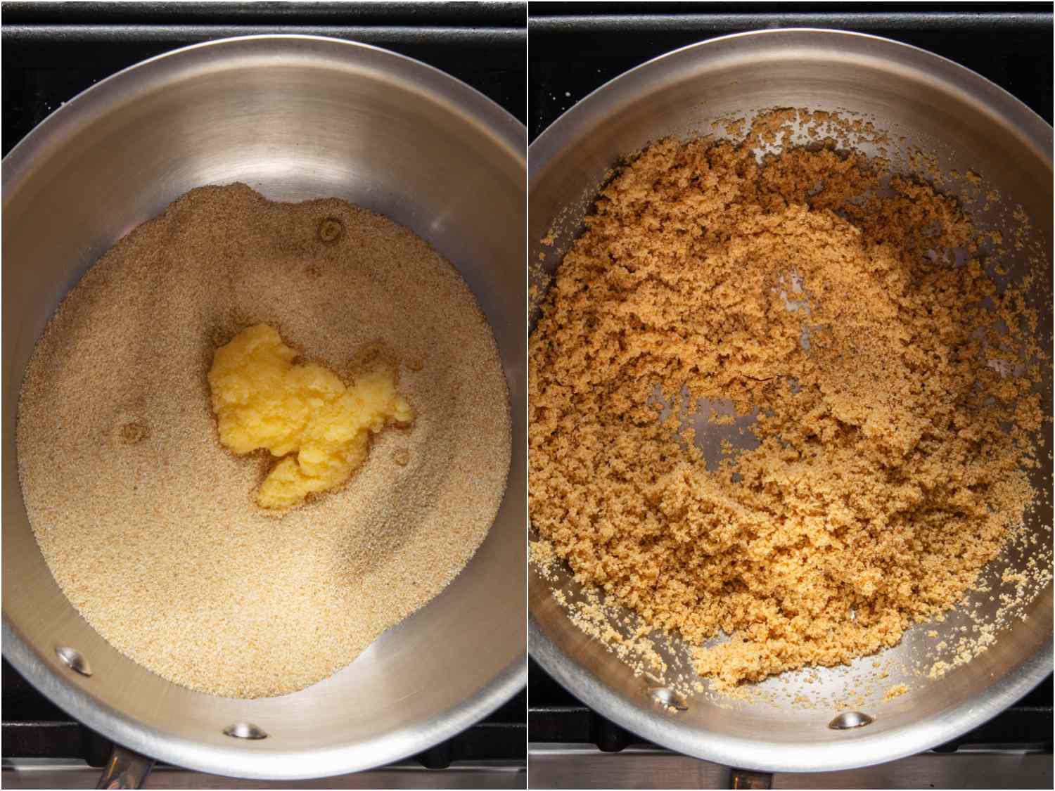 Semolina and ghee mixed together in a saucepan