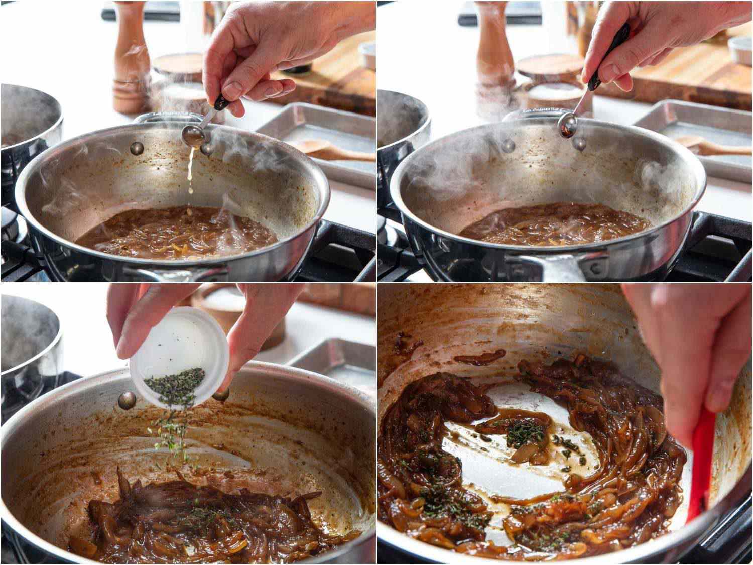 Photo collage of finishing steps for caramelized onion mixture. Adding cider vinegar, fish sauce, chopped thyme, and then cooking onions down until almost all of the liquid has evaporated.
