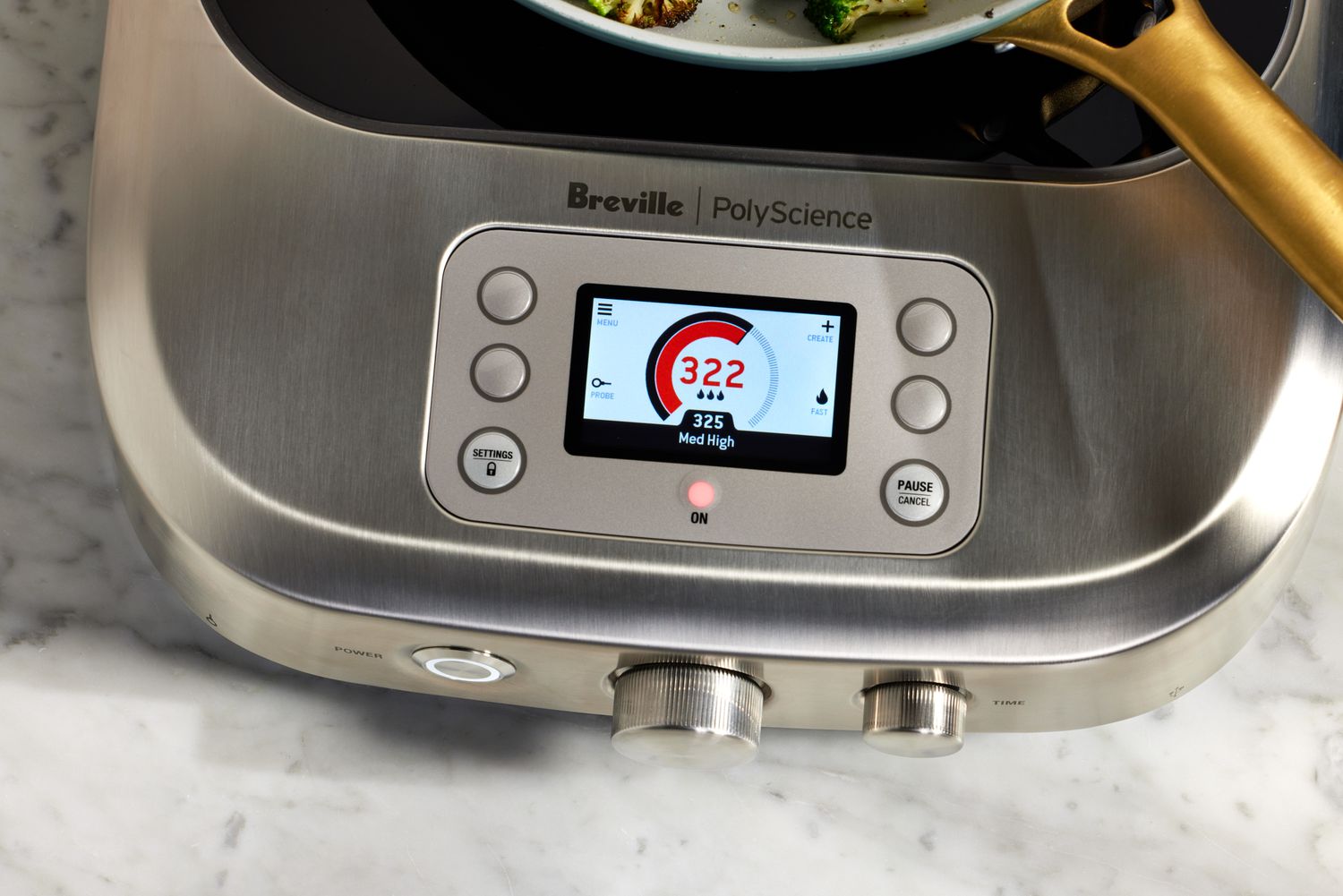 A close up of the screen and buttons on the Breville PolyScience the Control Freak Smart Induction Cooker