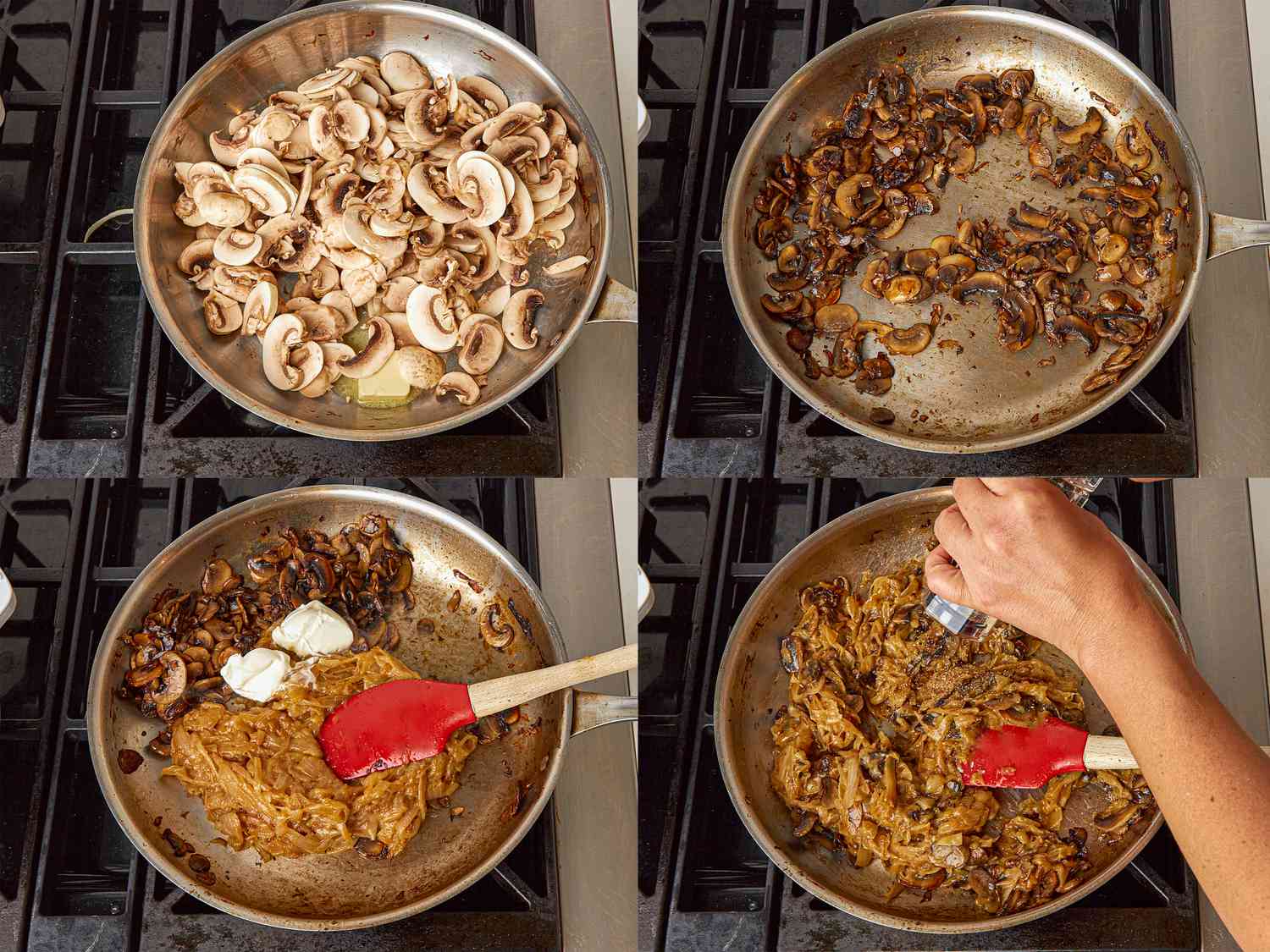 Four image collage of mixing onions and mushrooms and creme fraiche