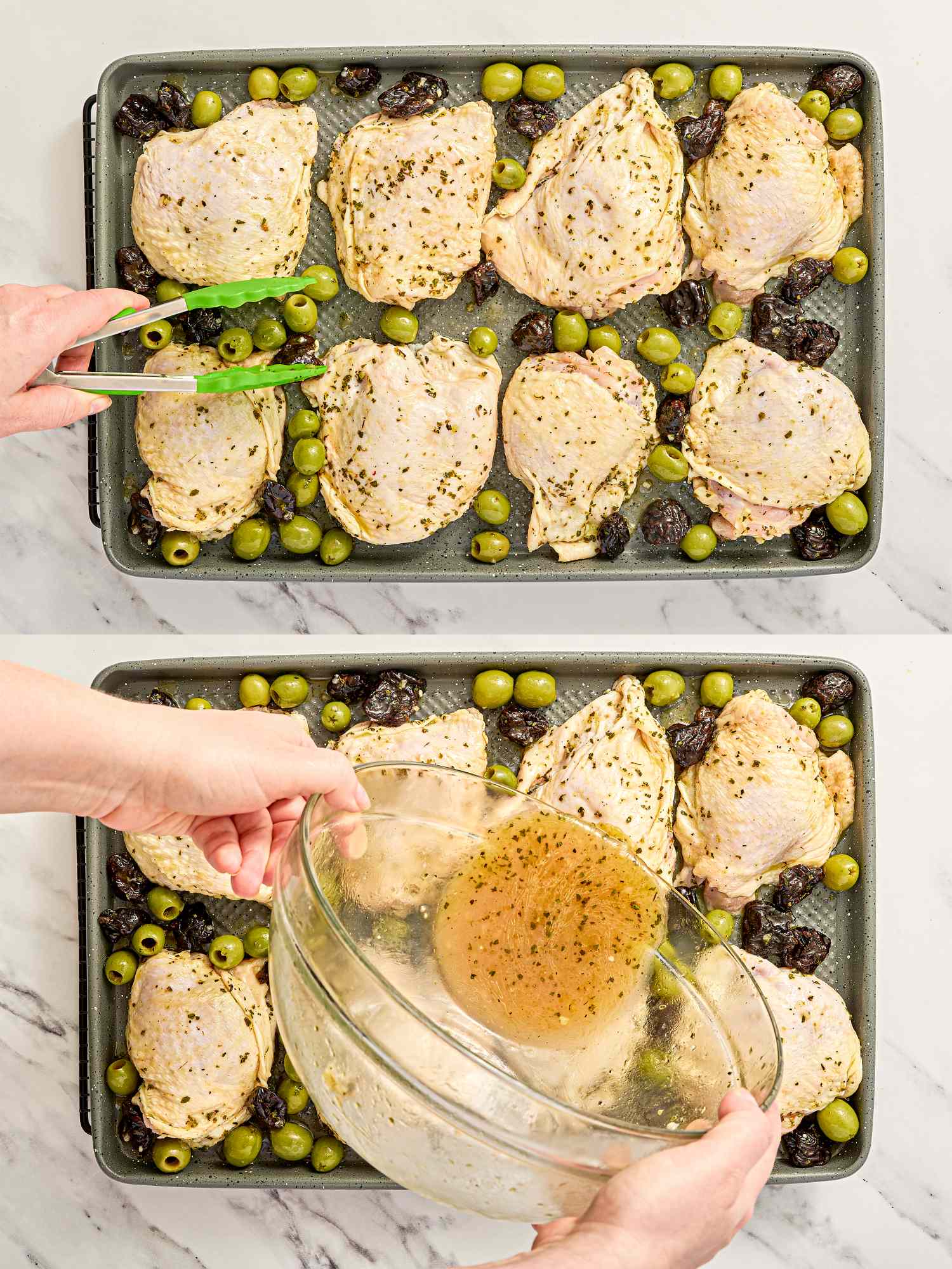 Sheet pan with chicken thighs green olives and plums being prepared with seasoning and sauce