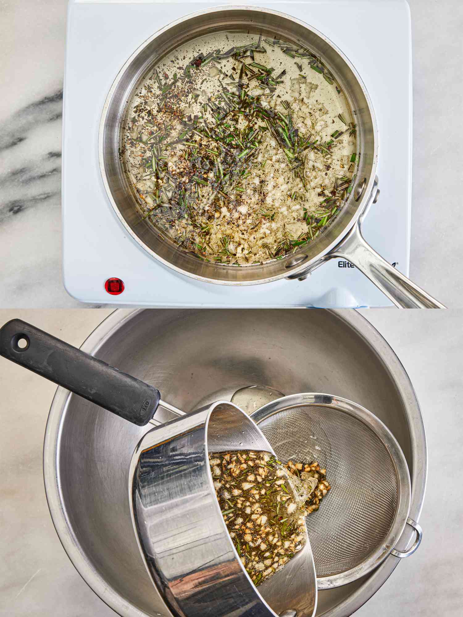 Two image collage of cooking rosemary and straining