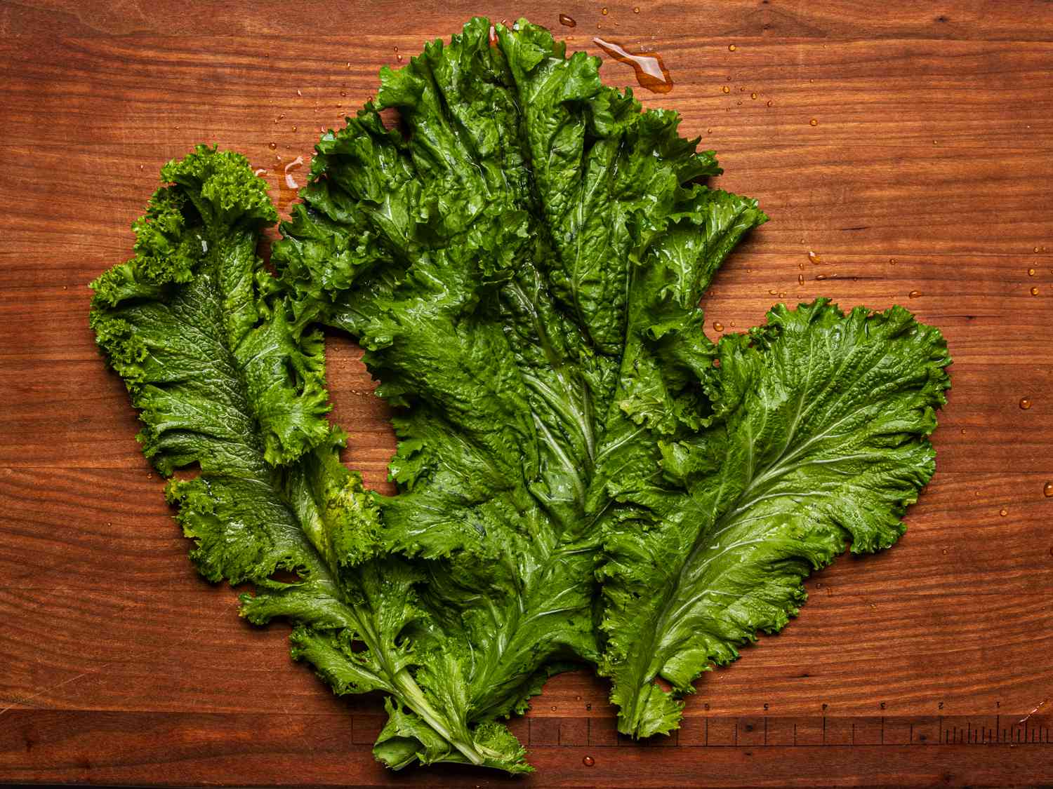 A freshly washed mustard green on a cutting board