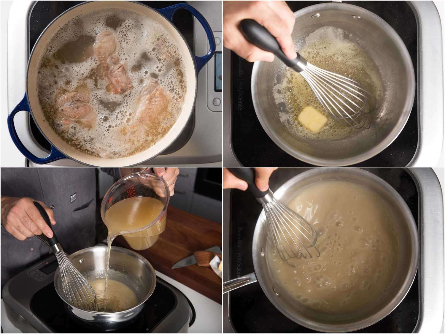 Photo collage showing making turkey stock and then gravy.