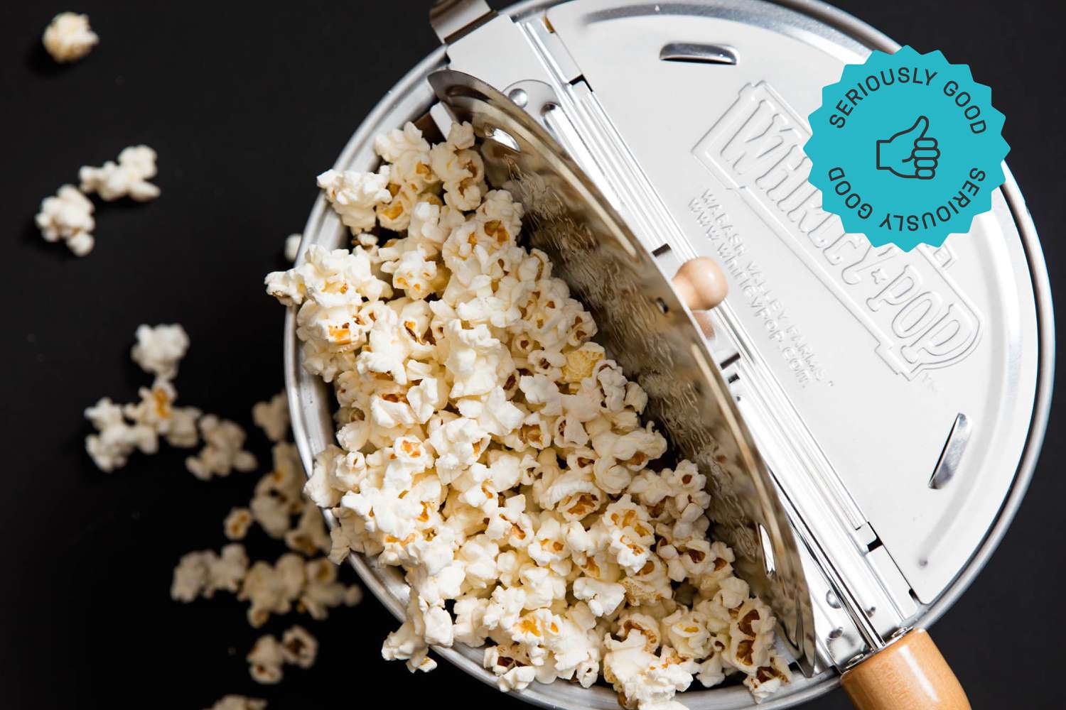 an overhead shot of a Whirley Pop filled with popcorn