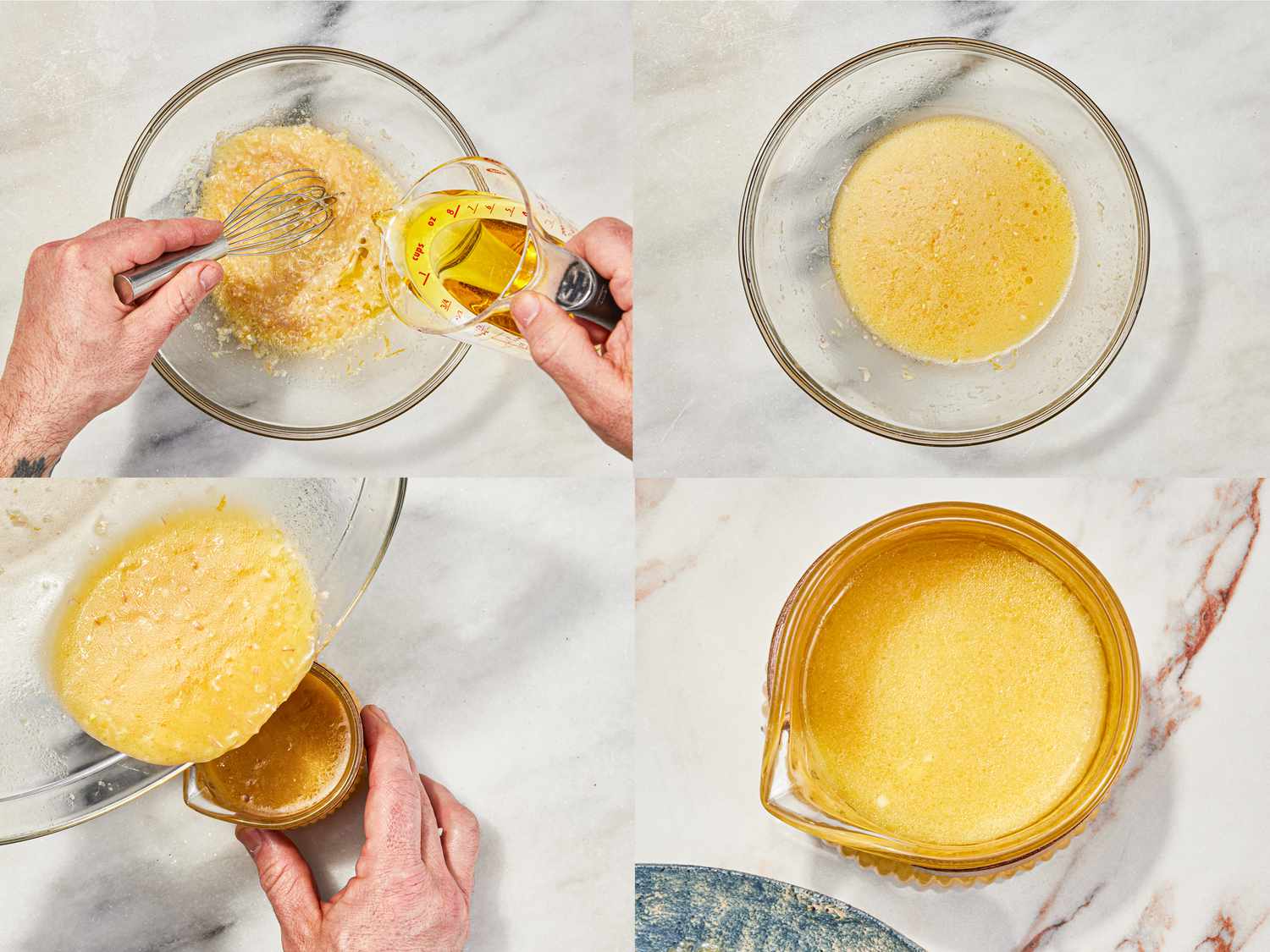 A series of four photos depicting how to make lemon vinaigrette: pouring oil into mustard, lemon juice, and shallots in a glass bowl and whisking until emulsified.