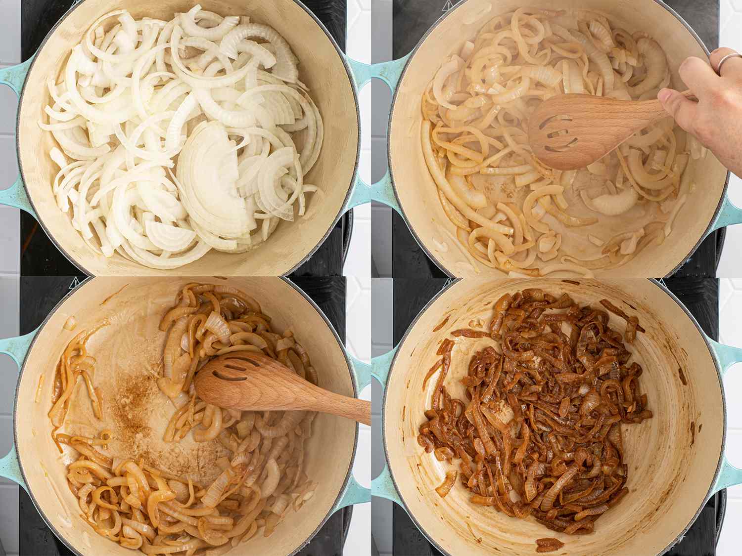 A four-image collage showing the onions being caramelized. The top-left image shows the onions in a large Dutch oven before they've been cooked. The top-right image shows the onions, partially browned, being stirred with a wooden spoon. The bottom-left image shows the onions, now darker in color and cooked more, being stirred by a wooden spoon. The bottom-right image shows the onions in the Dutch oven, now deep brown and soft.
