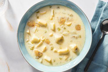 Overhead view of knoephla soup