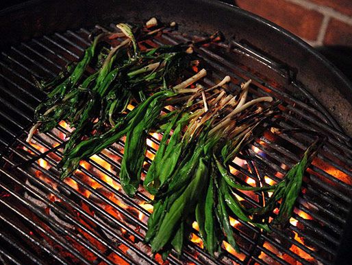 Ramps grilling on a hot charcoal grill.