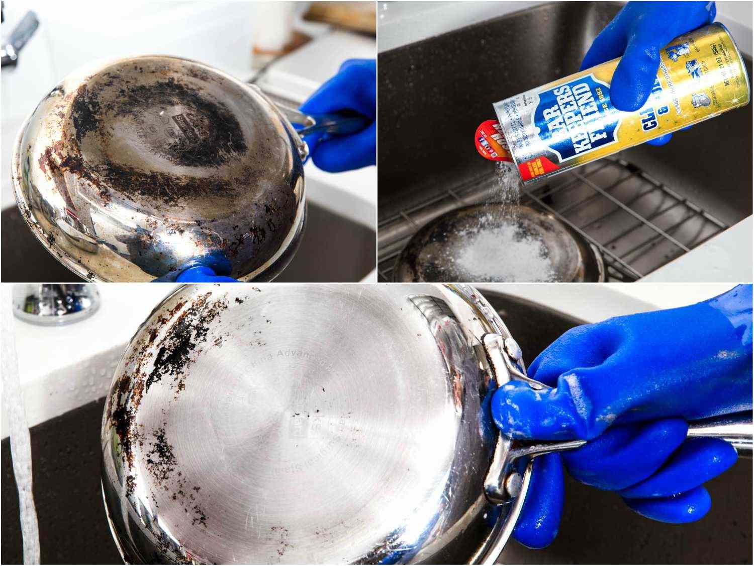 Collage of cleaning a stainless steel pan with Bar Keepers Friend: burned underside of pan, spraying Bar Keepers Friend on burned surface, cleaned surface after scrubbing.