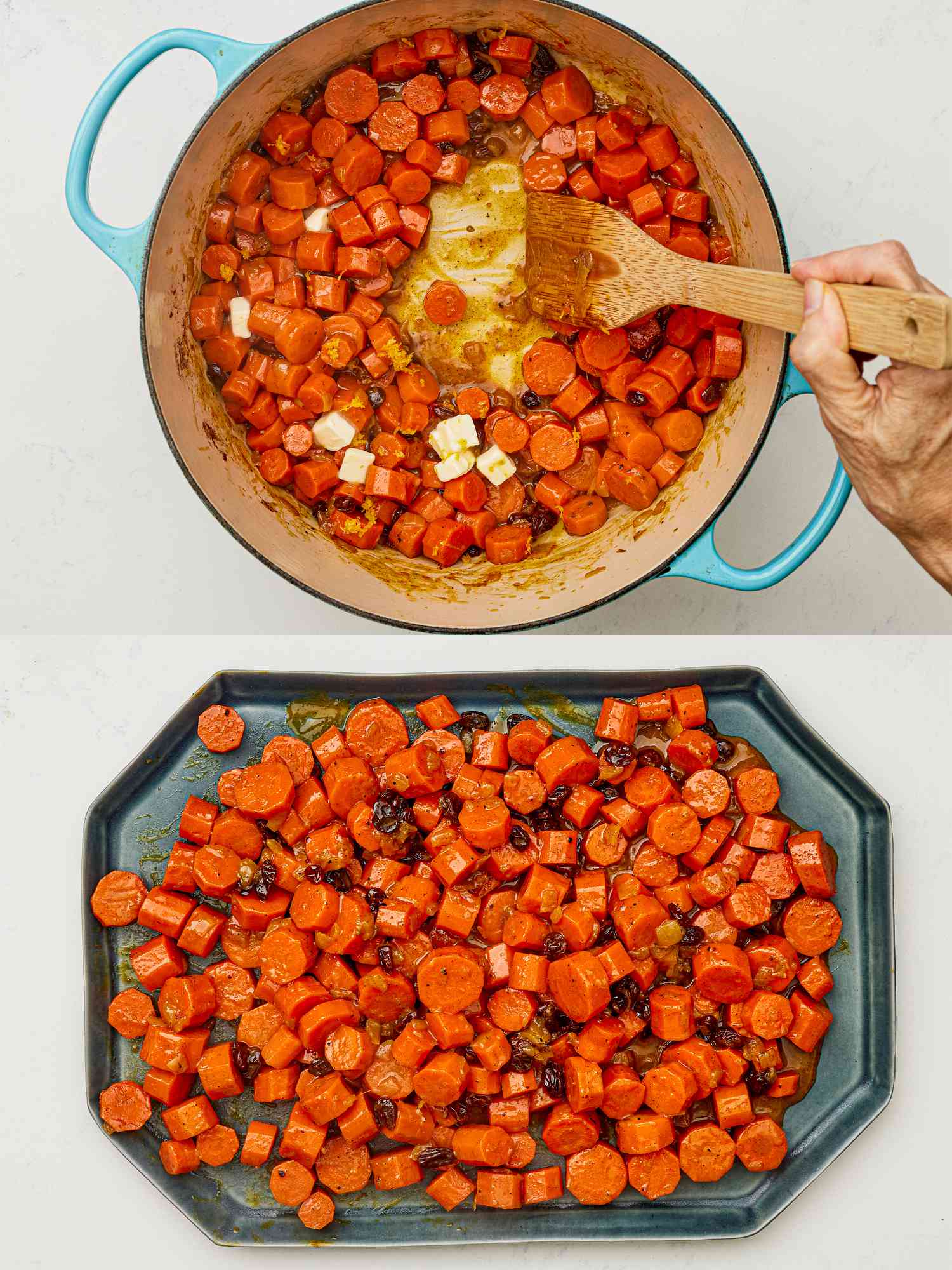 Two image collage of adding butter and tzimmes added to a platter