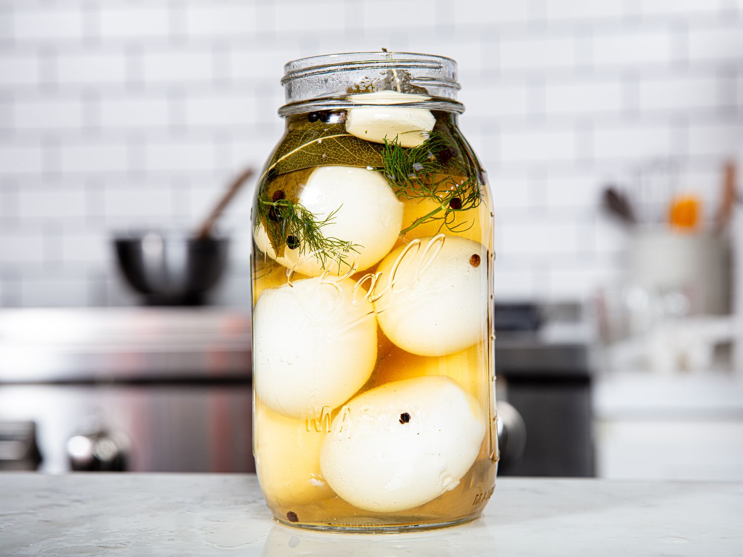 Side view of eggs with brine