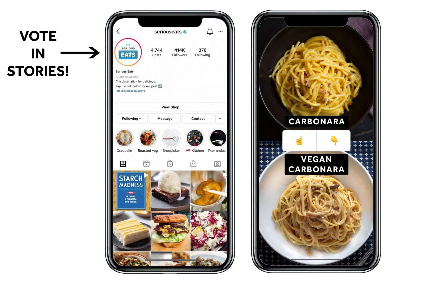 Image of iPhone with Serious Eats Instagram account, indicating where to tap to vote on Stories.
