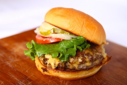 Closeup of a burger from Shake Shack.