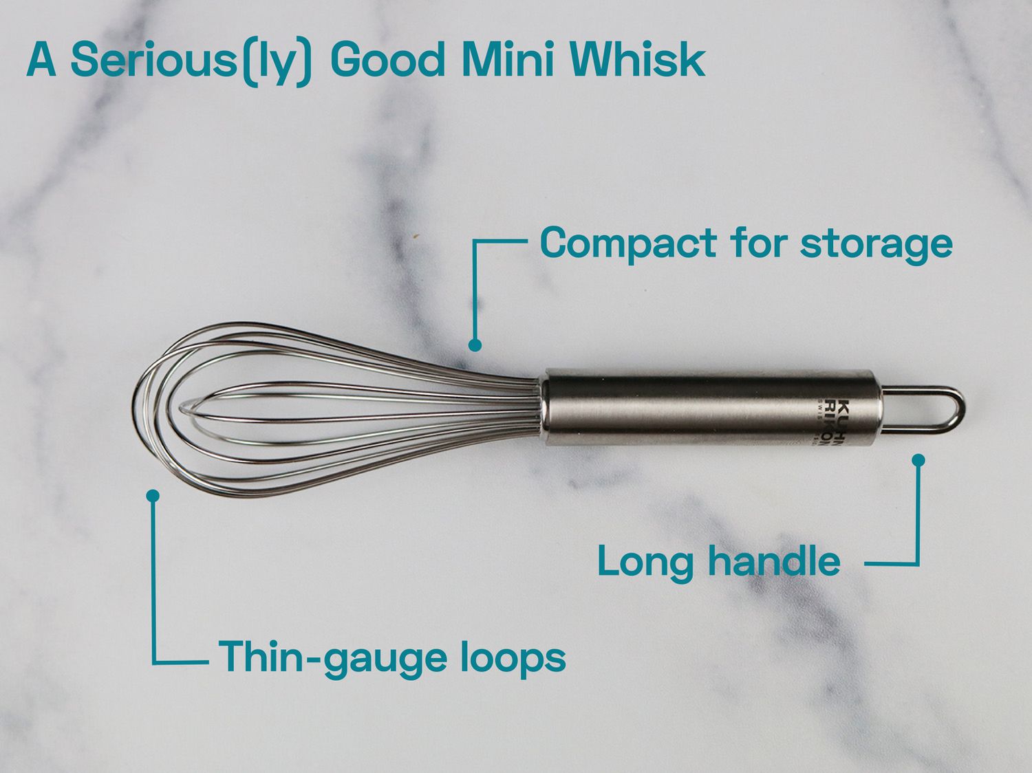 a mini whisk with text showing off it's thin-gauge loops, long handle, and compact design