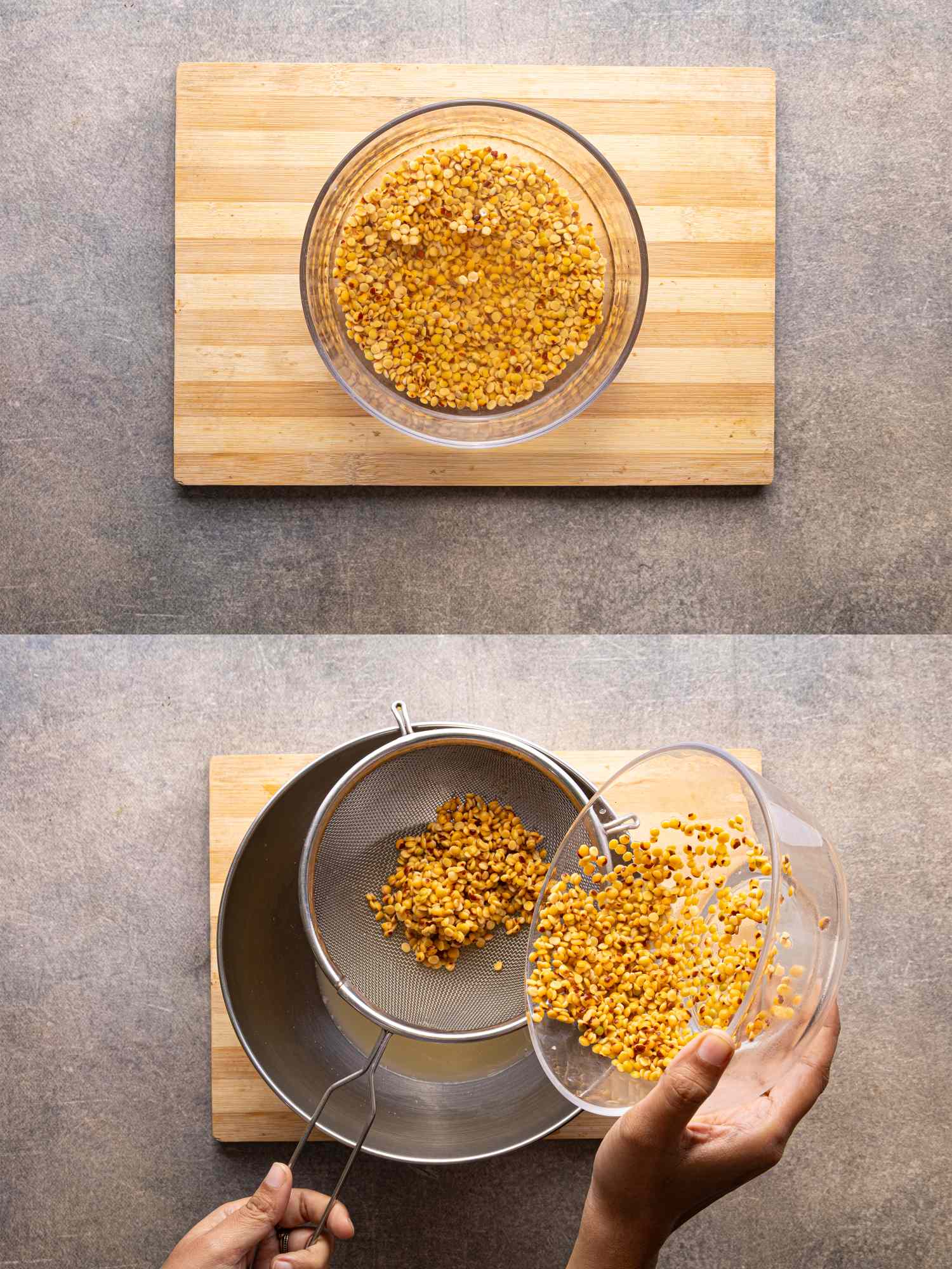 Steps of preparing dal from resting in a bowl to sieving through a mesh strainer