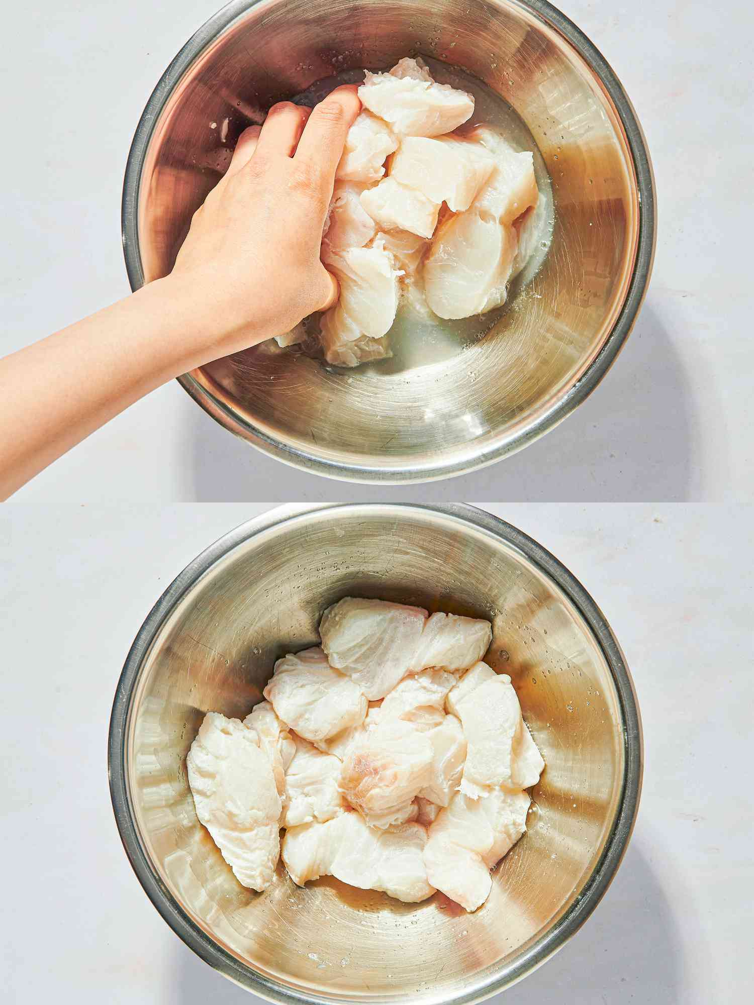 Two image collage of soaking fish pieces