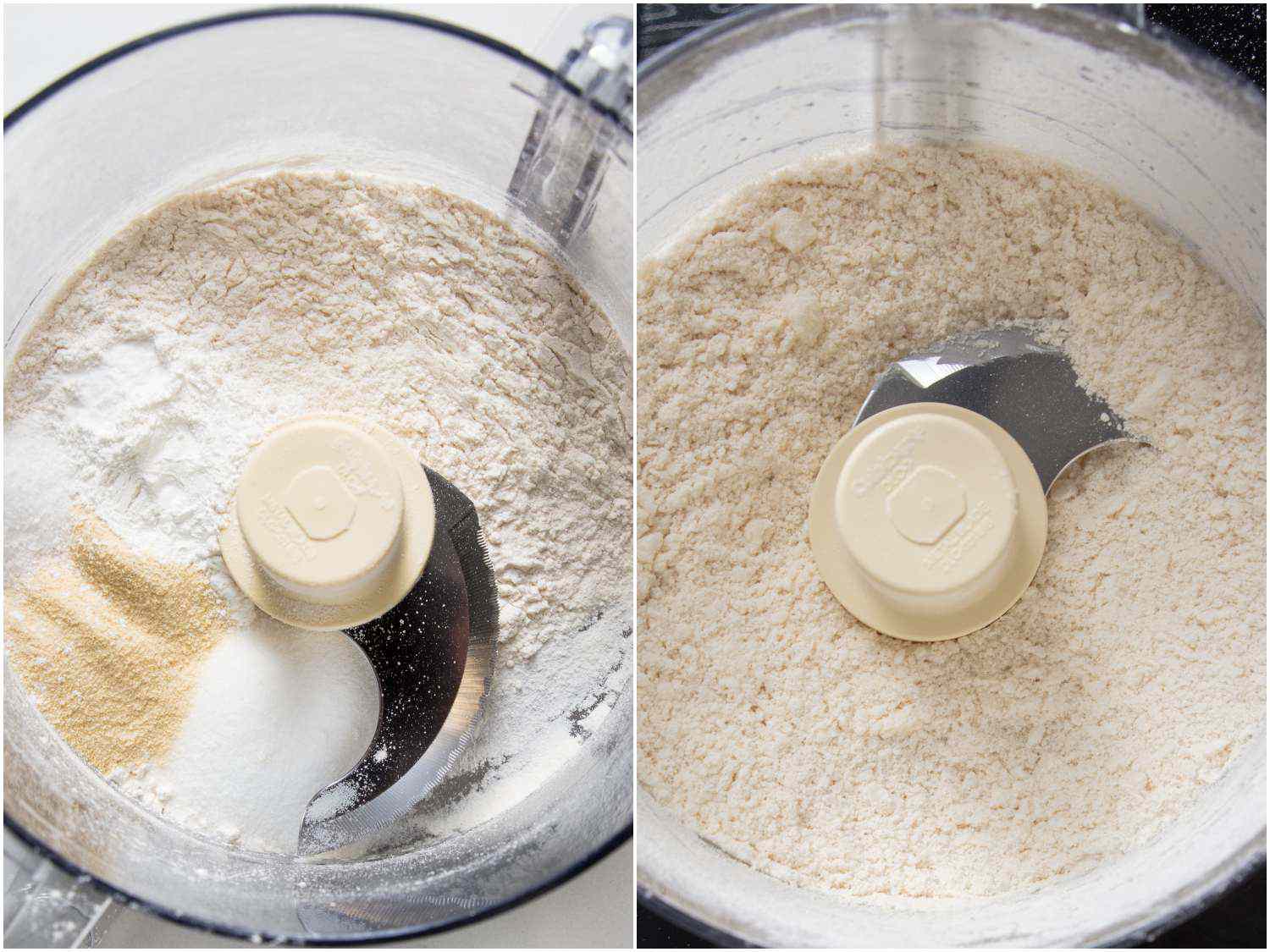 Side by side images of dry ingredients for pancake mix before and after being processed in a food processor.